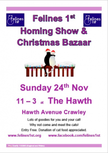 Flyer showing details of Cat Homing Show and Christmas Bazaar - Sunday 24th November 11am -3pm at The Hawth, Hawth Avenue Crawley